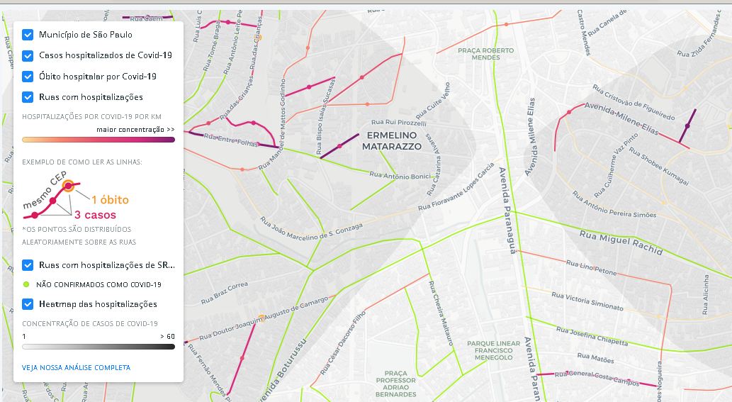 Mapa mostra as ruas de Ermelino com casos de Coronavirus